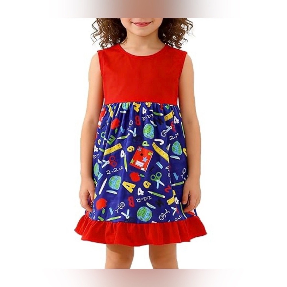 Girls School Print Dress Size 5/6T Red Blue Apple Pencil Back to School Cute